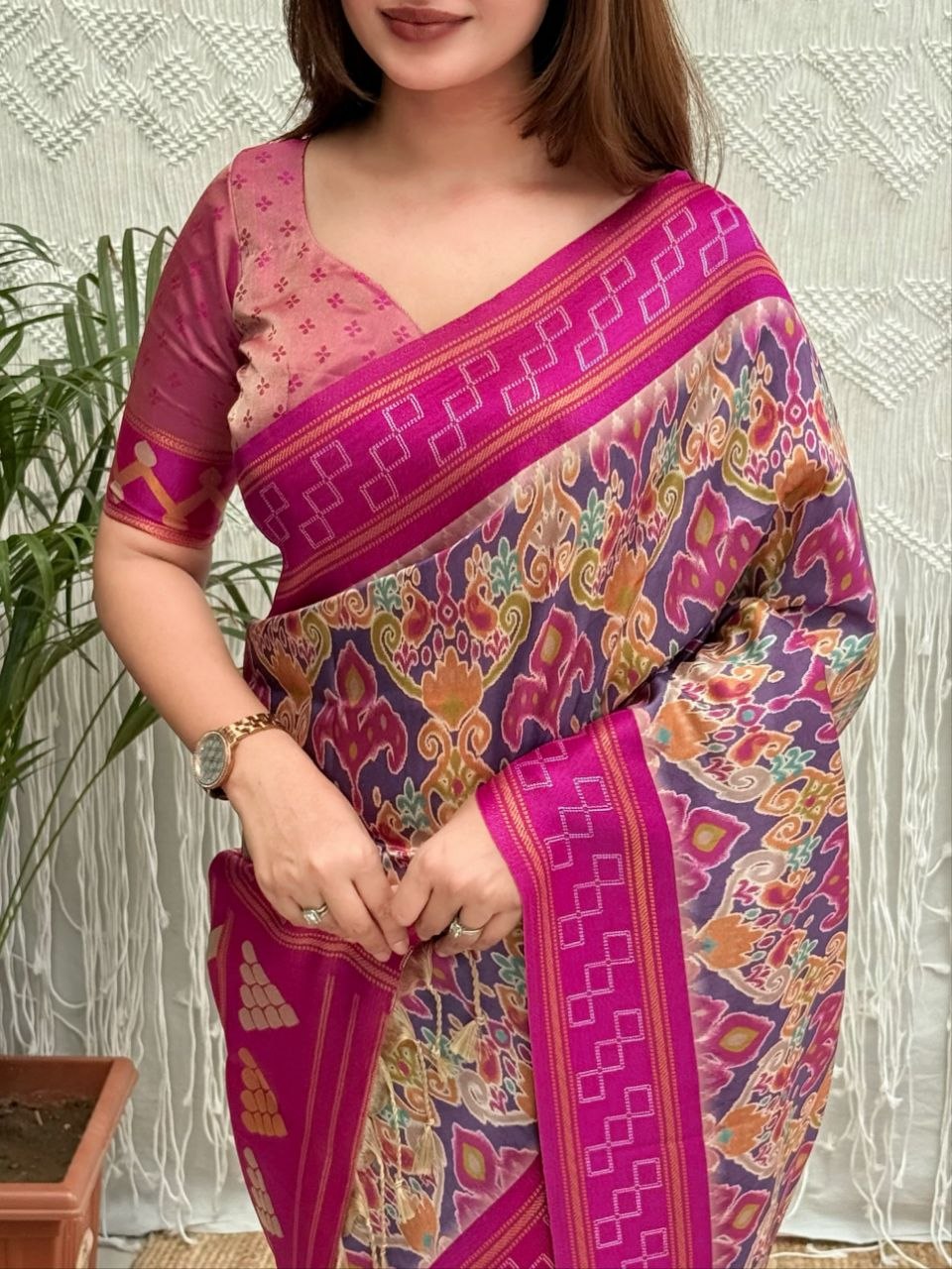 Meenakari Soft Silk Saree with Ikat Print - Royal Violet